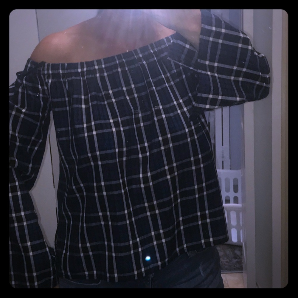 Navy Plaid Cloth & Stone Off Shoulder